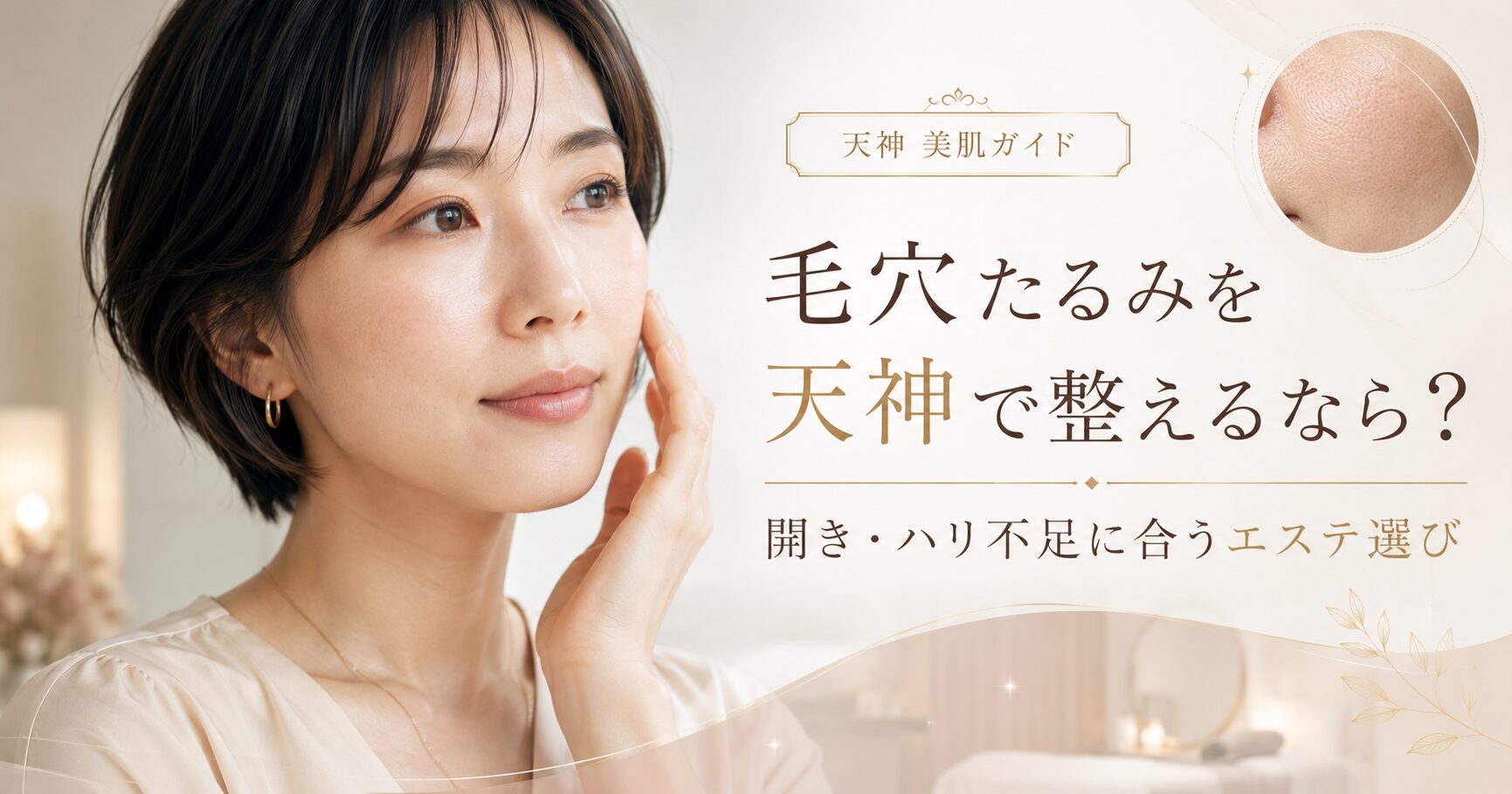毛穴たるみを天神で整えたい女性へ、開き毛穴・ハリ不足に合うエステ選びを上品に表現したアイキャッチ画像