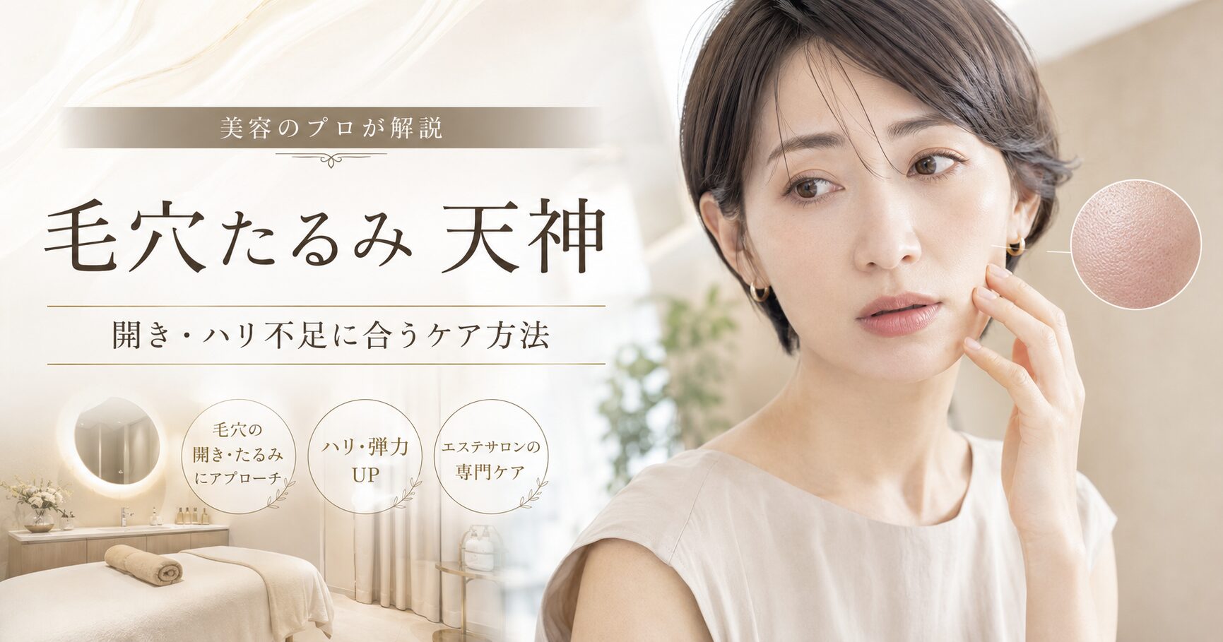 毛穴たるみが天神で気になる女性へ、開き毛穴・ハリ不足に合うケア方法を上品に表現したアイキャッチ画像