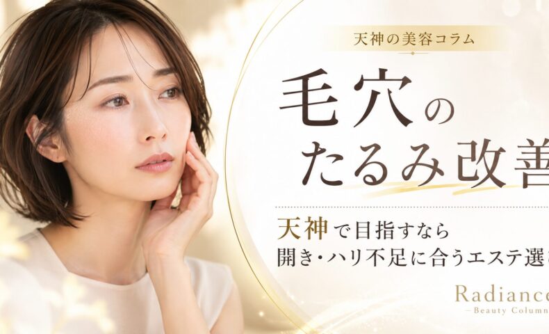 毛穴のたるみ改善を天神で目指す女性へ、開き毛穴・ハリ不足に合うエステ選びを上品に表現したアイキャッチ画像