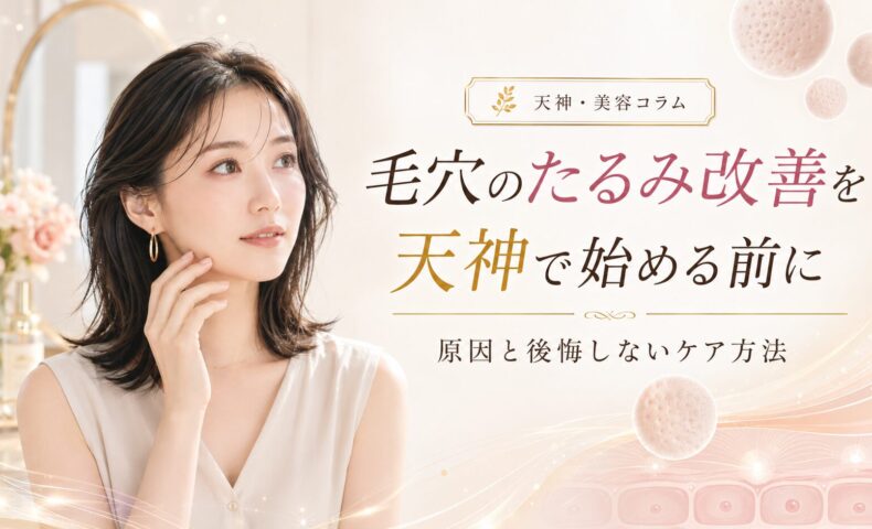 毛穴のたるみ改善を天神で始めたい女性へ、開き毛穴・ハリ不足に合うケア方法を上品に表現したアイキャッチ画像