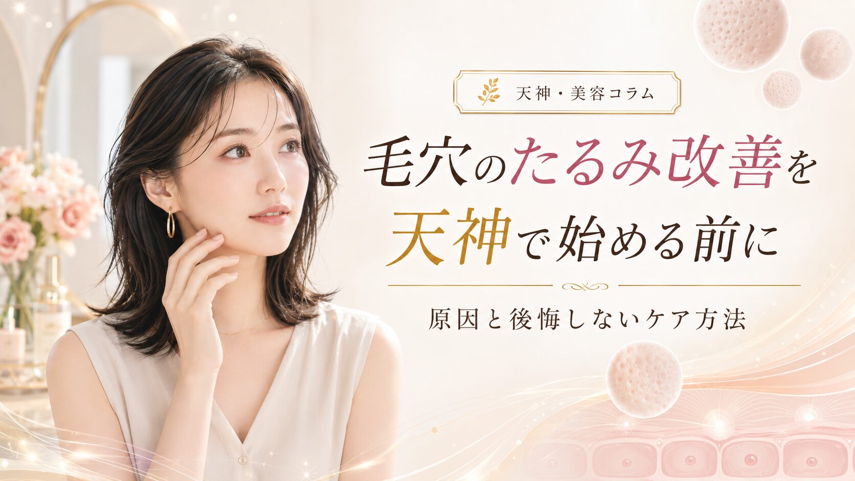 毛穴のたるみ改善を天神で始めたい女性へ、開き毛穴・ハリ不足に合うケア方法を上品に表現したアイキャッチ画像