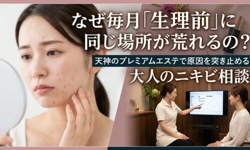 手鏡を見ながら頬やあごの肌荒れに悩む女性と、天神の完全個室でプロのカウンセラーに専門的なニキビ相談をして原因を突き止める様子の写真。生理前に繰り返すトラブルを解決するエステのイメージ。