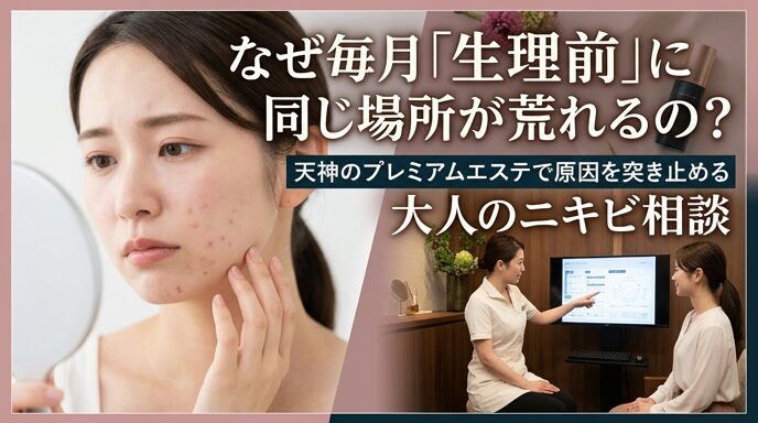 手鏡を見ながら頬やあごの肌荒れに悩む女性と、天神の完全個室でプロのカウンセラーに専門的なニキビ相談をして原因を突き止める様子の写真。生理前に繰り返すトラブルを解決するエステのイメージ。