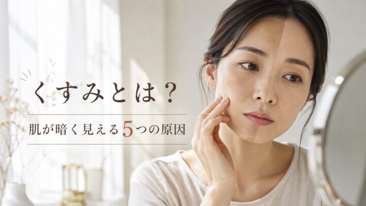 鏡を見ながら頬の肌状態を確認する女性と、肌のくすみの原因を解説するイメージ