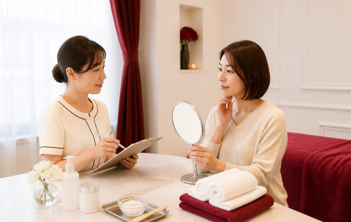フェイシャルワックスの希望や肌状態を相談する大人の女性とスタッフ
