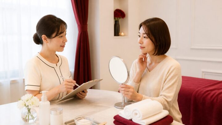 フェイシャルワックスの希望や肌状態を相談する大人の女性とスタッフ
