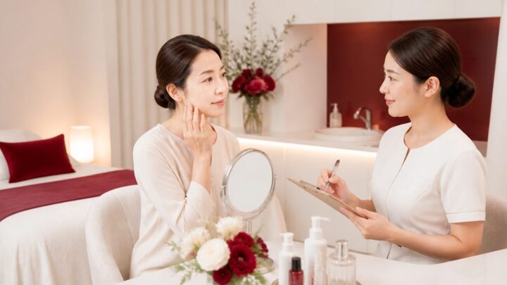 食いしばりによるフェイスラインの悩みを相談する大人の女性と完全個室サロン