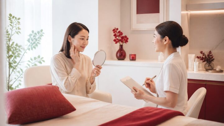 天神のサロンで毛穴ケアについてカウンセリングを受ける大人の女性