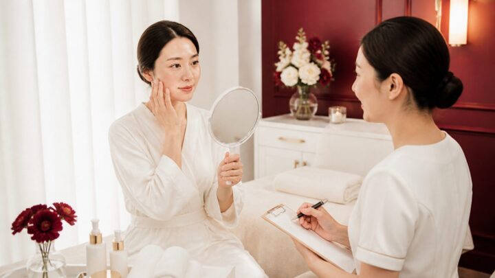 天神の完全個室サロンで毛穴ケアについてカウンセリングを受ける大人の女性