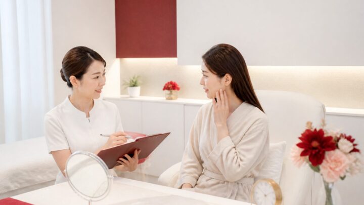 天神のサロンで毛穴ケアの施術時間を相談する大人の女性