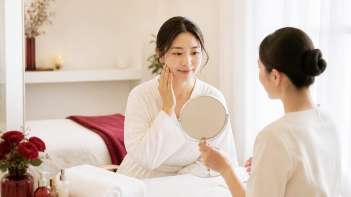 天神の完全個室サロンで毛穴ケアについてカウンセリングを受ける大人の女性