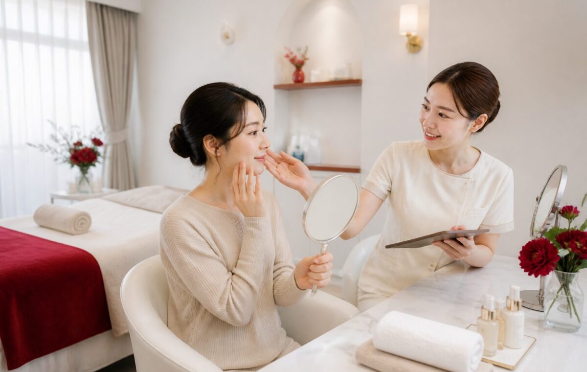 夕方の顔のむくみやフェイスラインについて個室サロンでカウンセリングを受ける日本人女性