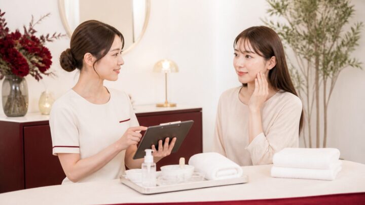 天神のフェイシャルワックス施術前にスタッフへ痛みや肌状態を相談する女性