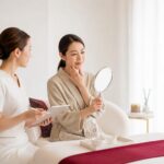 天神でフェイシャルワックスを検討する敏感肌の女性が個室サロンでカウンセリングを受けている様子