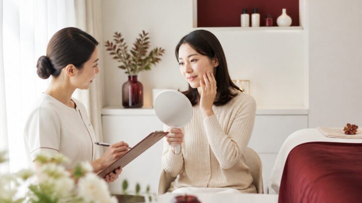 天神の個室サロンで毛穴とくすみについてカウンセリングを受ける大人の女性