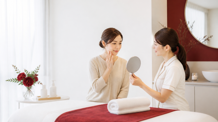 福岡・天神の個室サロンで毛穴ケアの料金と内容を相談する大人の女性