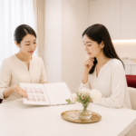 福岡の毛穴ケア料金を相談する大人の女性とスタッフのカウンセリング風景
