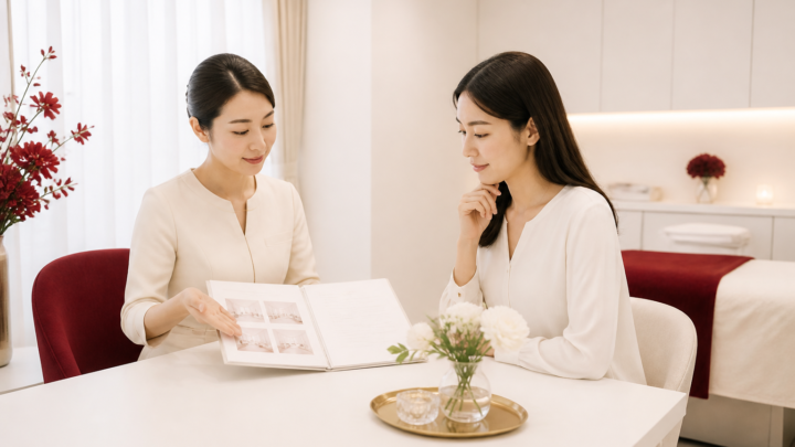 福岡の毛穴ケア料金を相談する大人の女性とスタッフのカウンセリング風景